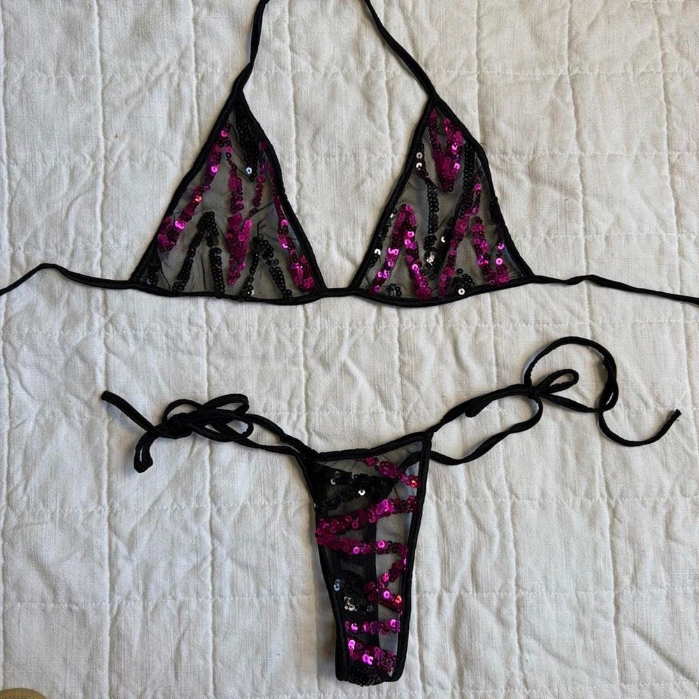 Exotic Dancer Sheer Purple Black Sequin Thong Bikini Set Goth Alt Mcbling OS